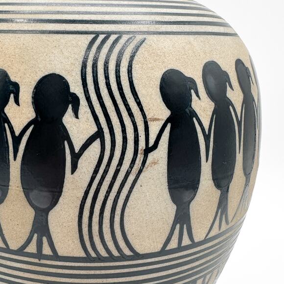 Saura or Warli Indian Tribal Folk Art Black Cream Ceramic Vase Urn w Children - Picture 10 of 13